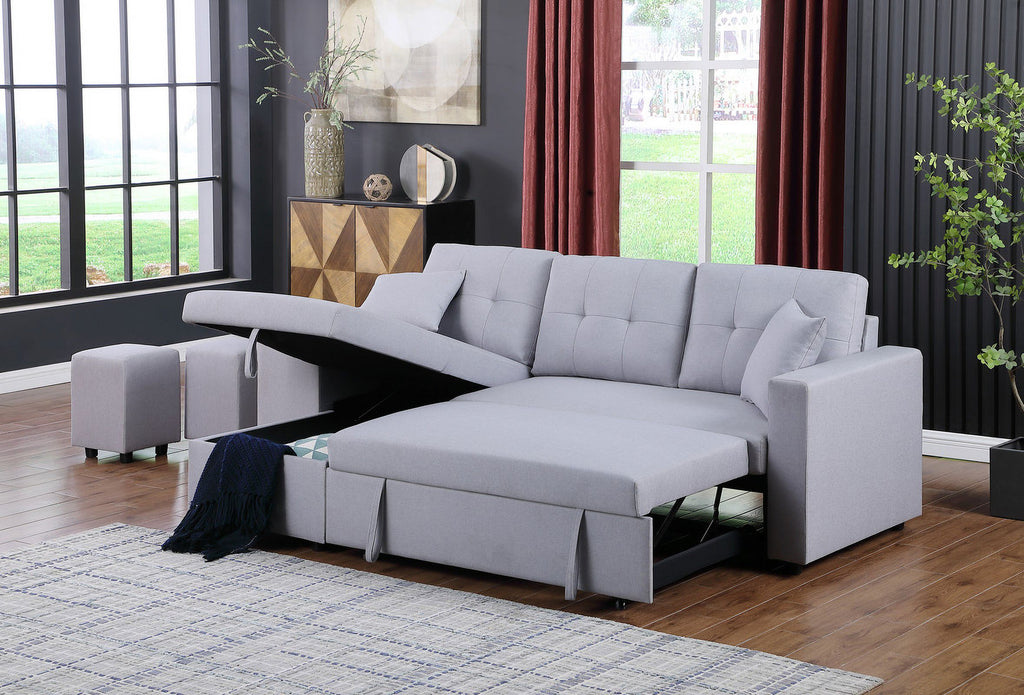 Light Gray Linen Fabric Reversible Sleeper Sectional with Storage Chaise and 2 Stools Z51049