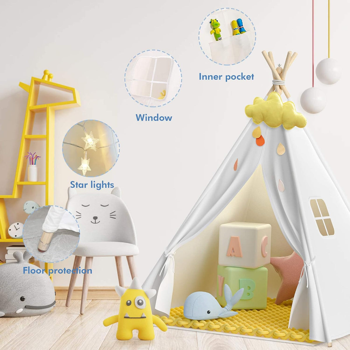 White Natural Canvas Kids Teepee Play Tent with Mat & Lights Strip L9439