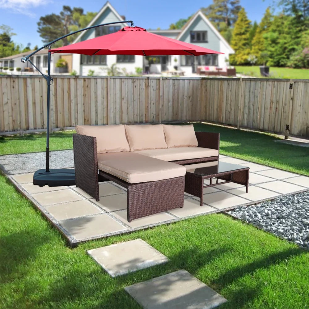 Rattan Sofa 3 Pieces Wood PE Wicker Ottoman With Coffee Table Patio Sofa Set T2190