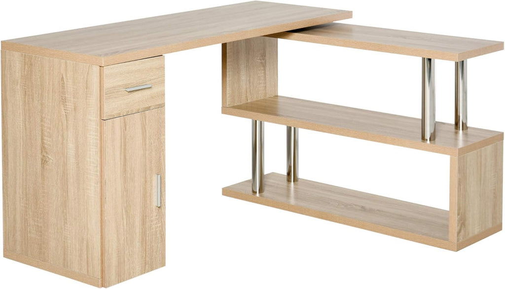 White L-Shaped Rotating Computer Desk with Storage Shelves, Cabinet and Drawer U4631