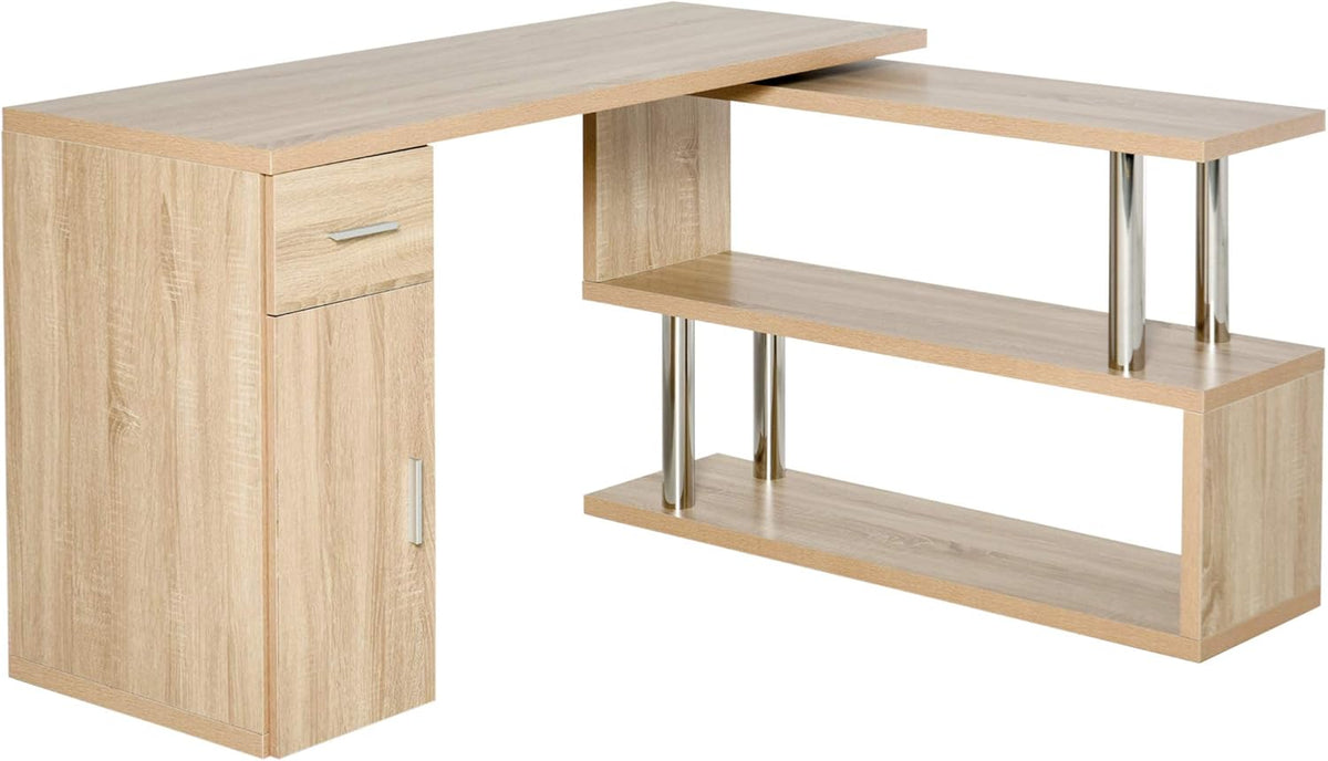 White L-Shaped Rotating Computer Desk with Storage Shelves, Cabinet and Drawer U4631