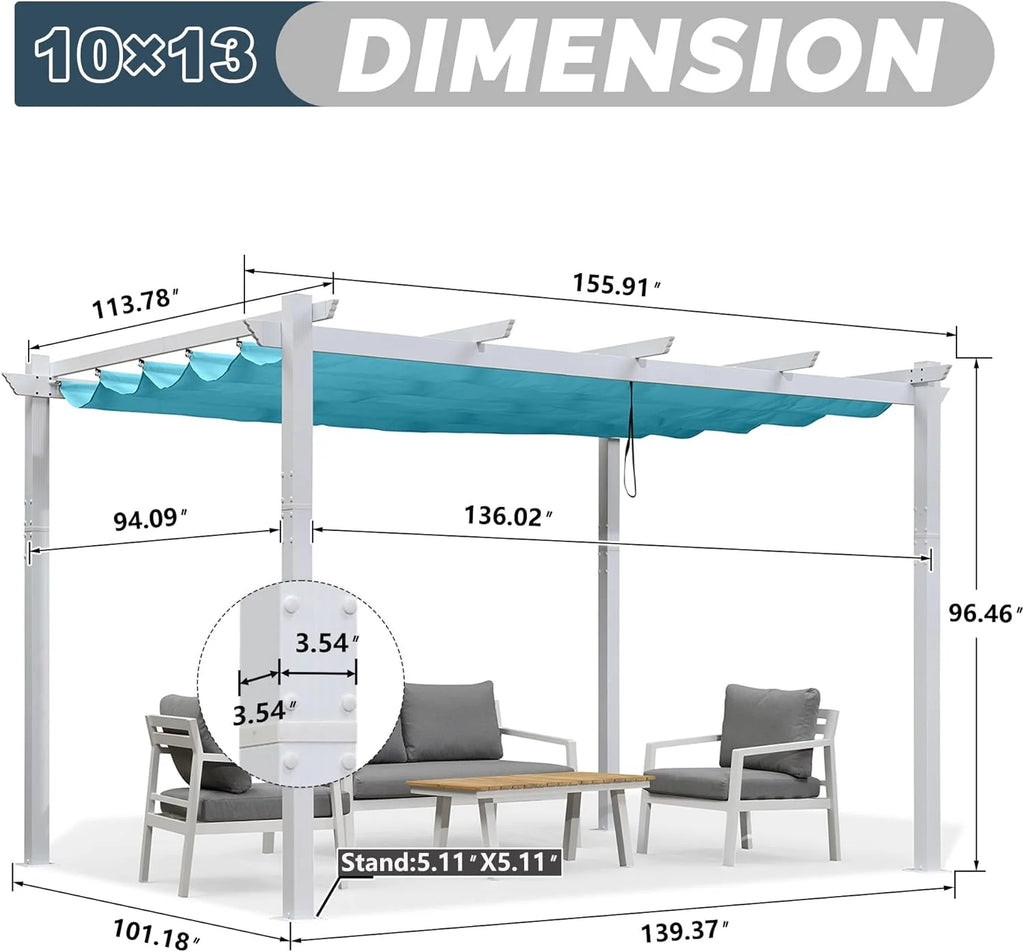 10' x 13' Outdoor Retractable Aluminum White Pergola with Sun Shade Canopy P710792
