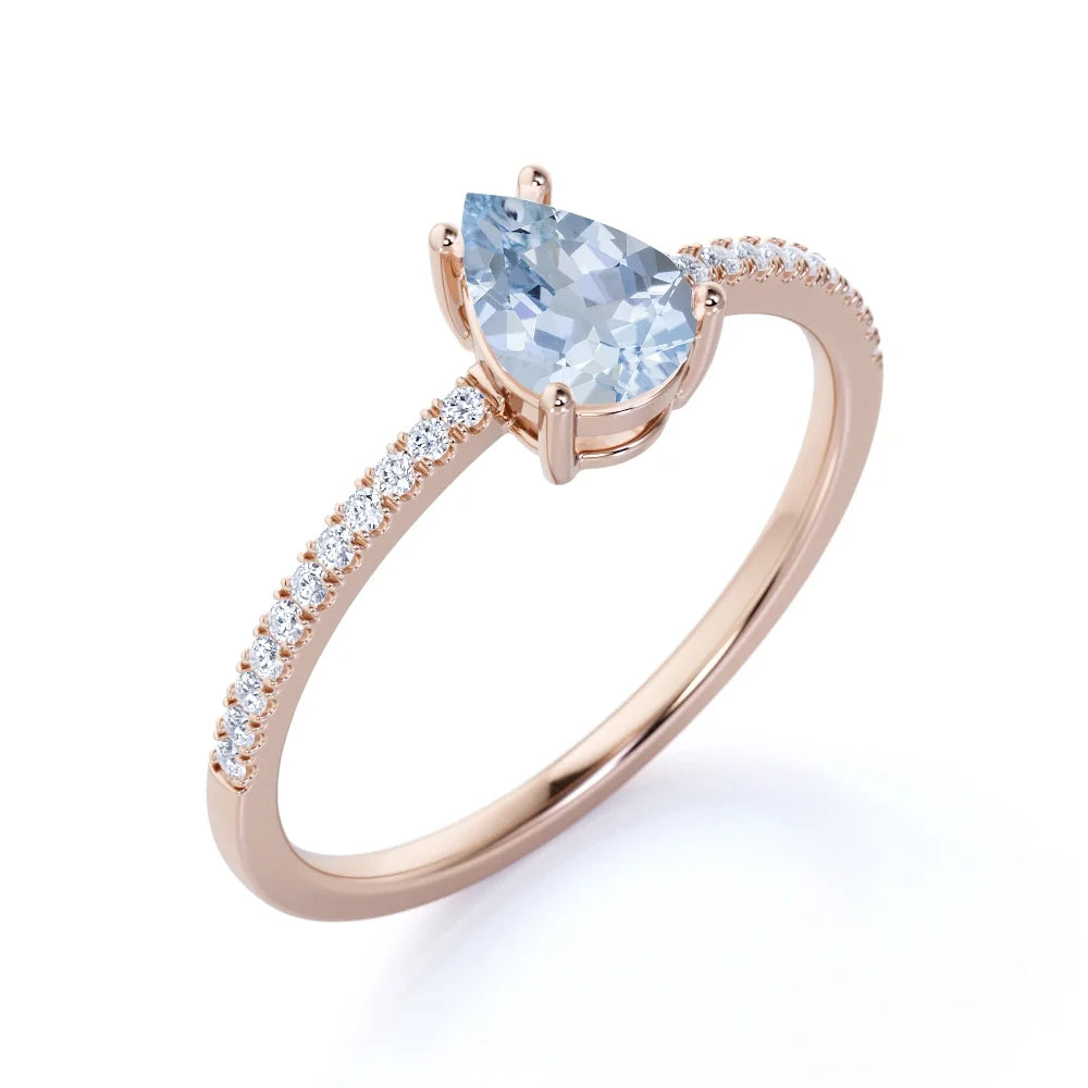 1 Carat Pear Shaped Aquamarine Promise Ring in 18k Rose Gold over Silver Y7598