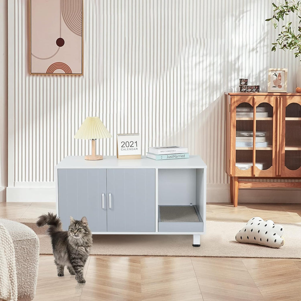White & Grey Cat Litter Box Furniture Storage Bench Q750