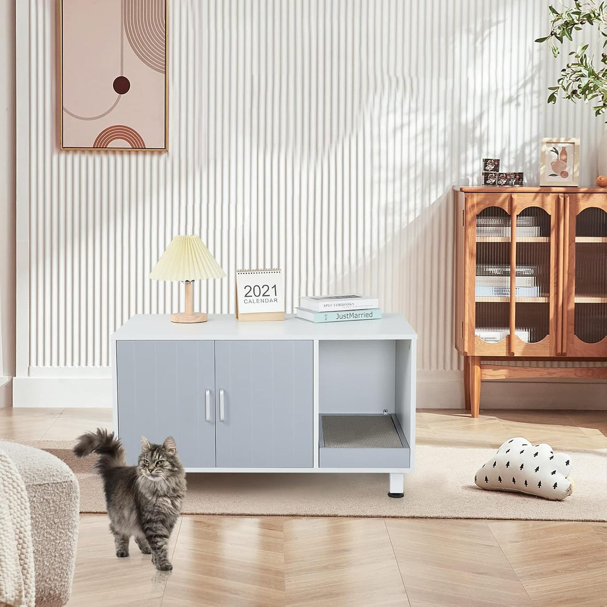 White & Grey Cat Litter Box Furniture Storage Bench Q750