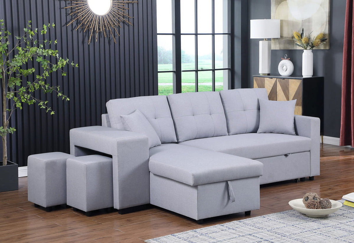Light Gray Linen Fabric Reversible Sleeper Sectional with Storage Chaise and 2 Stools Z51049