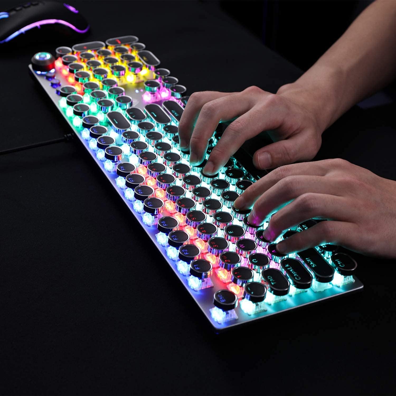 Retro Mechanical Gaming Keyboard, 104 Keys, RGB Rainbow Backlit, USB Wired, Blue Switch O42655