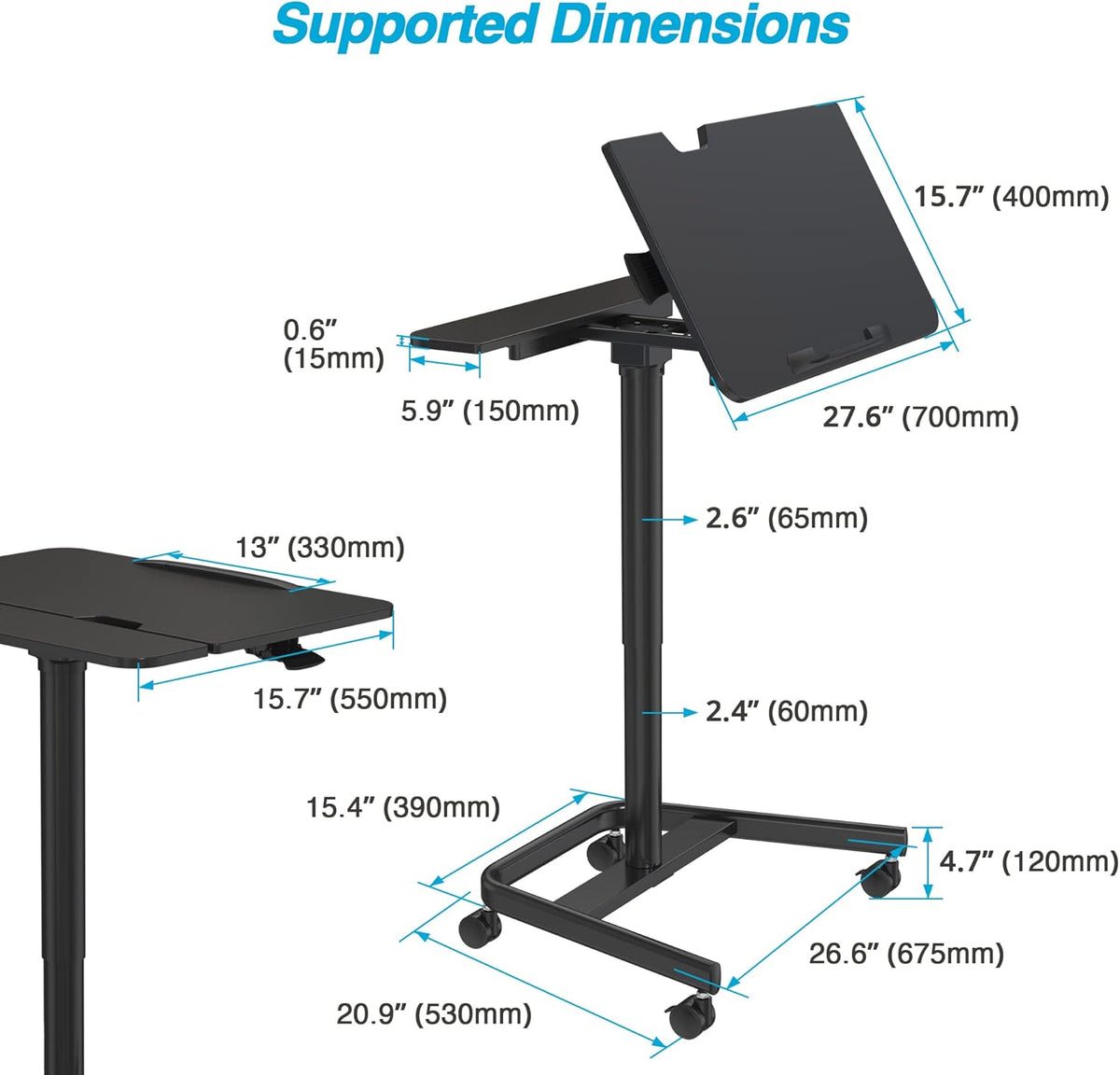47 Ambidextrous Mobile Standing Desk with Split Top Tilting Tray, Pneumatic Laptop Cart, Black Cart with Brake Casters Z4706