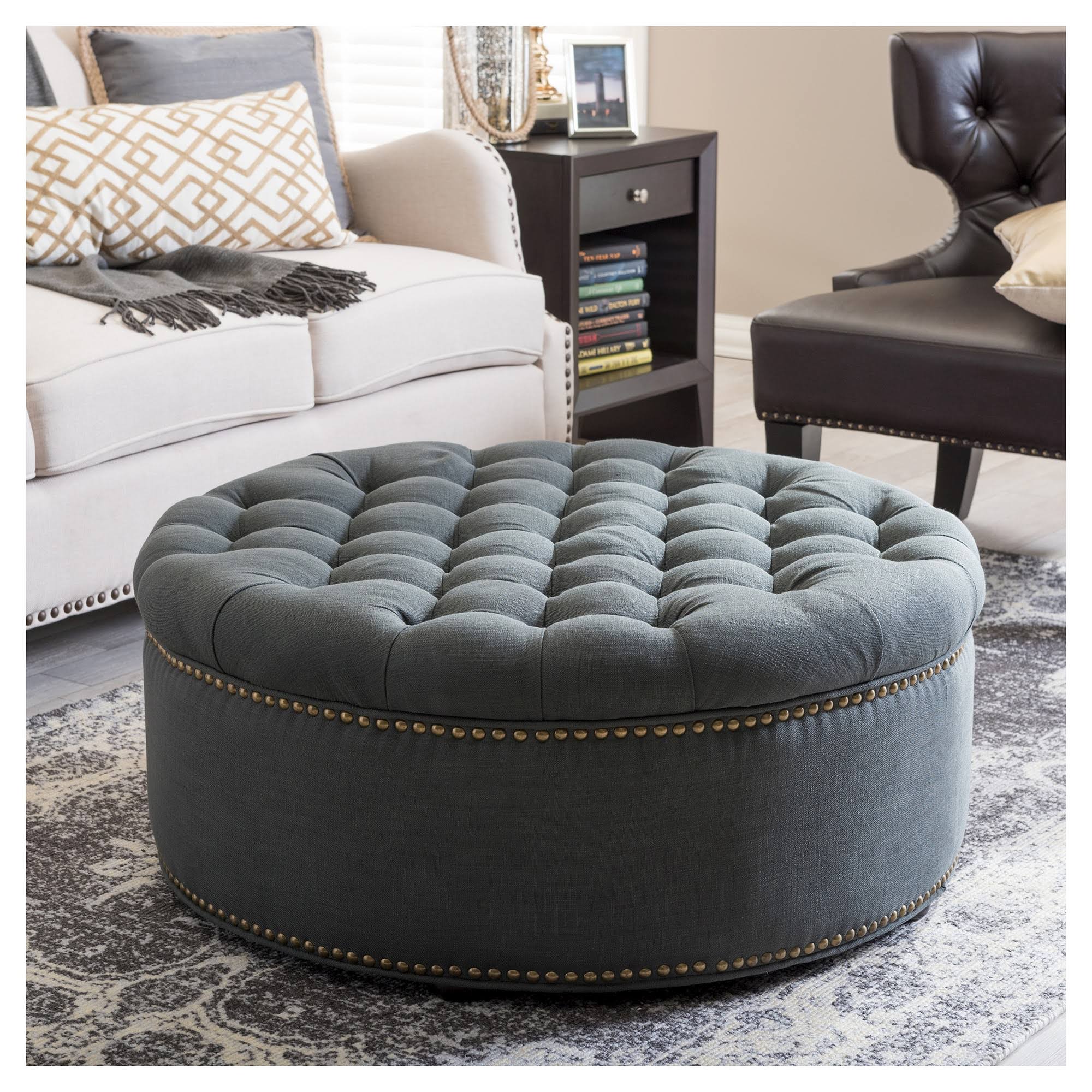 Grey Linen Tufted Ottoman X86551