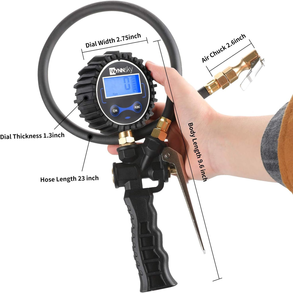 Tire Inflator with Digital Pressure Gauge, 0-200PSI, Brass Lock-On Air Chuck, 23 Inch Compressor Hose, Valve Core and Slotted Valve Cap, Seal Tape Pack of 2 K318