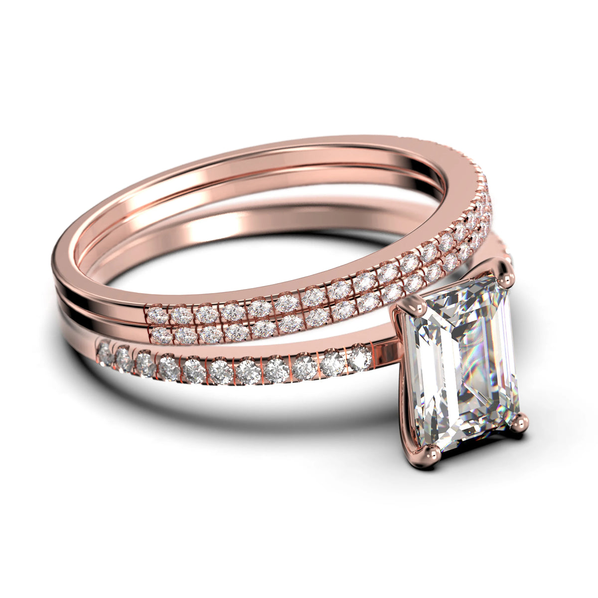 Emerald Cut Diamond Moissanite Engagement Ring Set In 10K Solid Rose Gold E4084