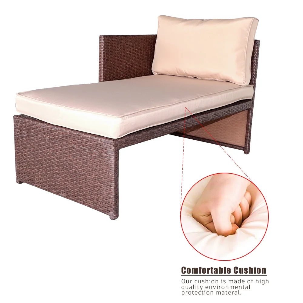 Rattan Sofa 3 Pieces Wood PE Wicker Ottoman With Coffee Table Patio Sofa Set T2190