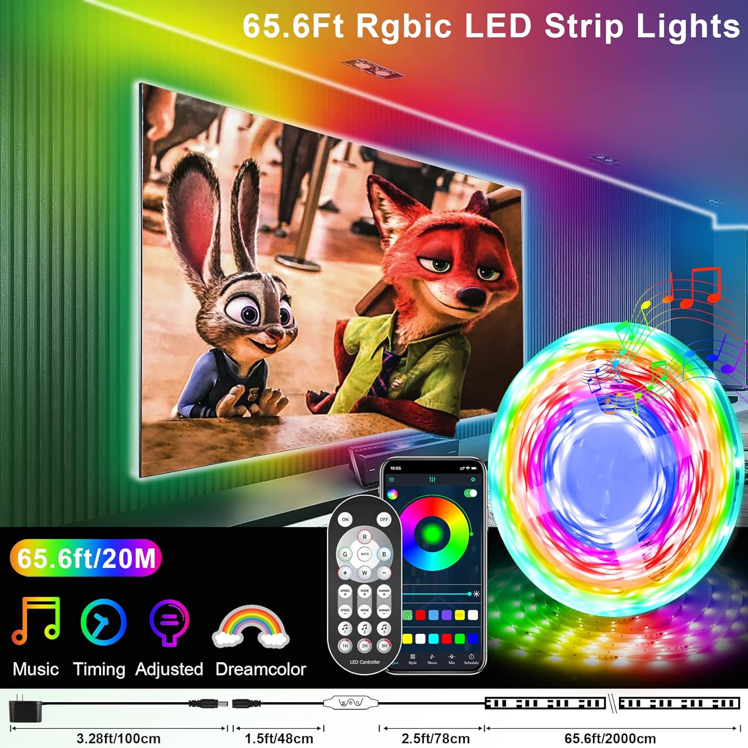 LED Strip Lights RGBIC 65.6Ft with Remote & 24V Adapter, Pack of 2 D6948