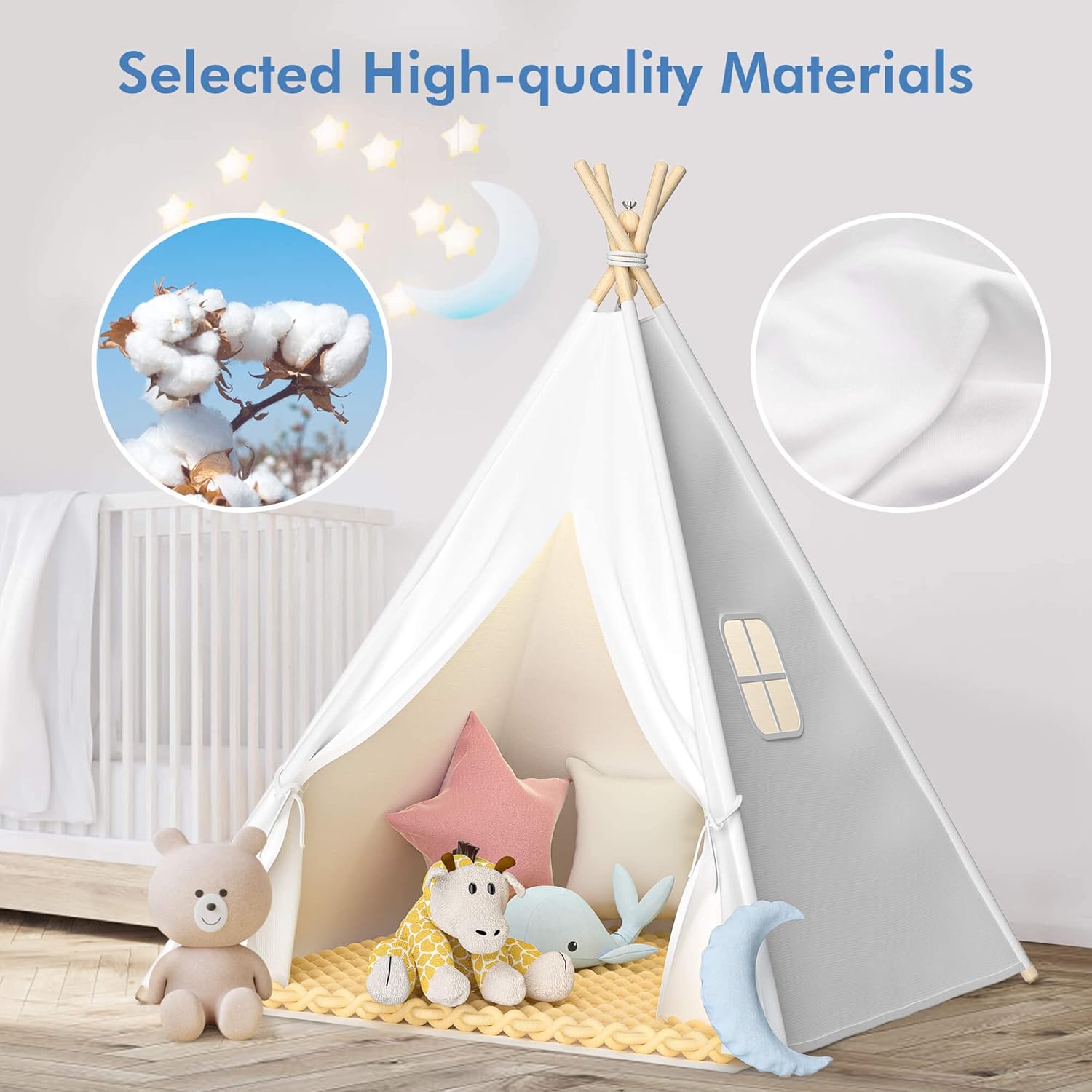 White Natural Canvas Kids Teepee Play Tent with Mat & Lights Strip L9439