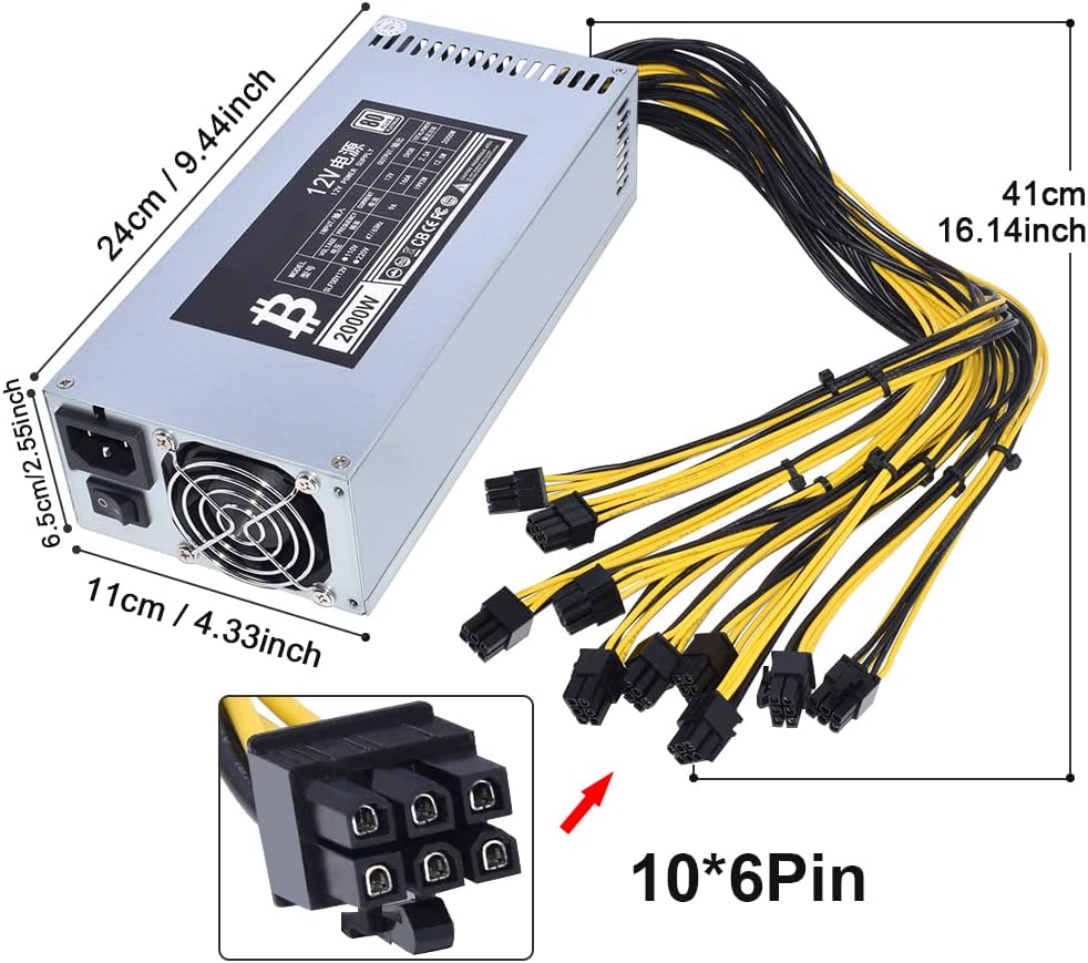 2000W 110-220V PSU 10x6 Pin Mining Power Supply H46614