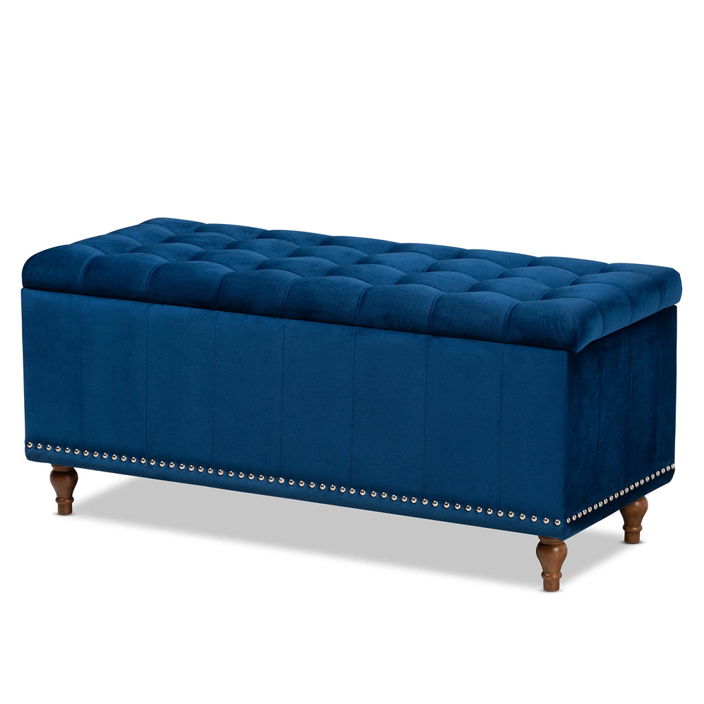Navy Blue Velvet Button-Tufted Storage Ottoman Bench V6209