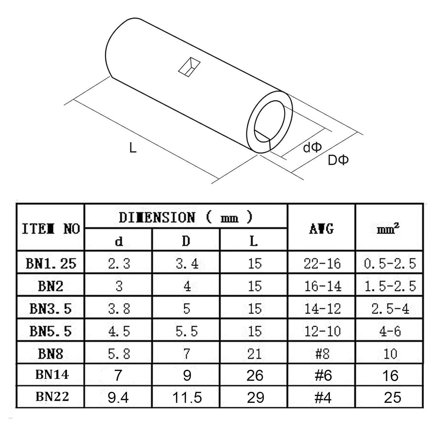 10Pcs Non Insulated Butt Connectors B823