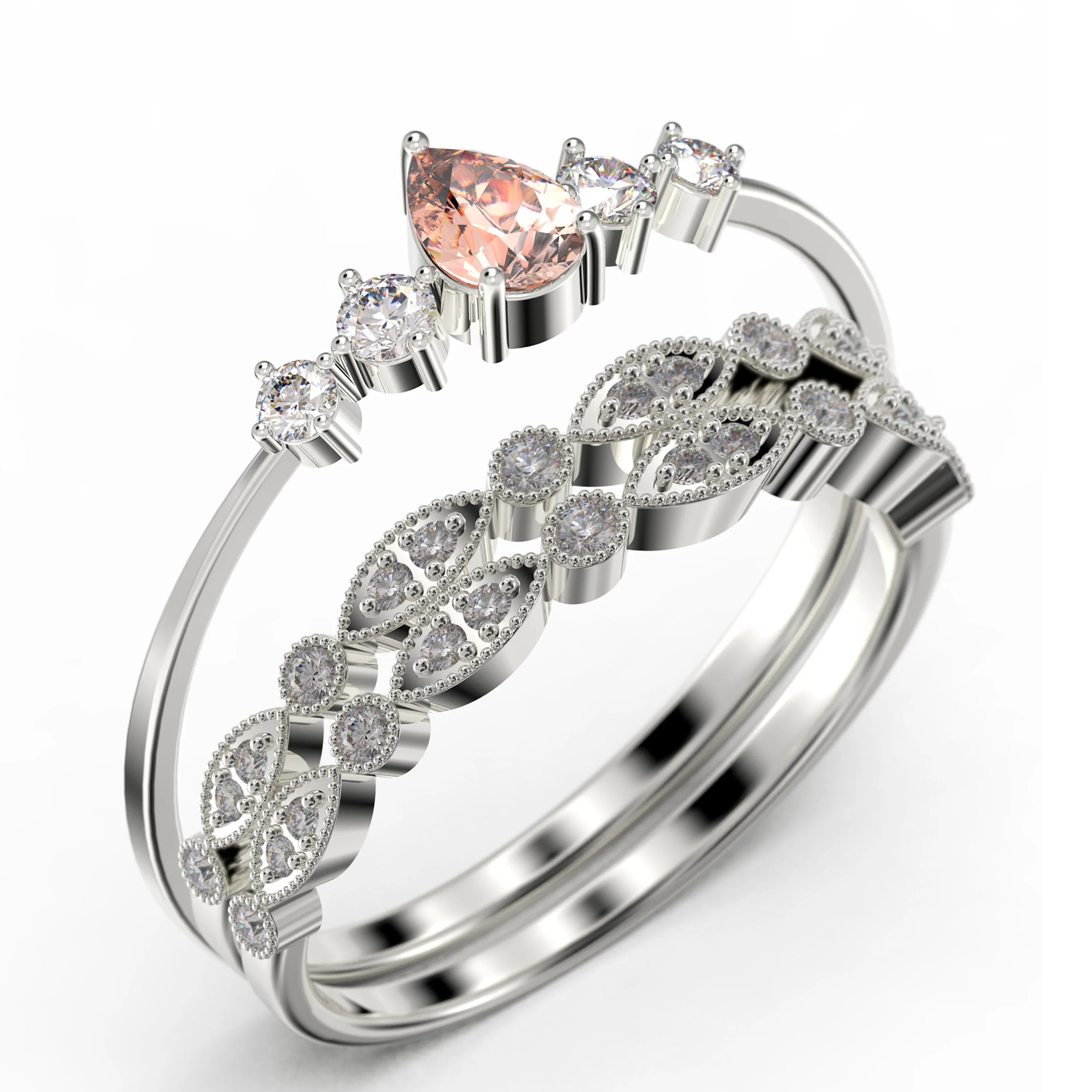 2.05 Carat Pear Cut Morganite And Diamond Moissanite Engagement Ring in 925 Sterling Silver With 18k White Gold Plating U2500