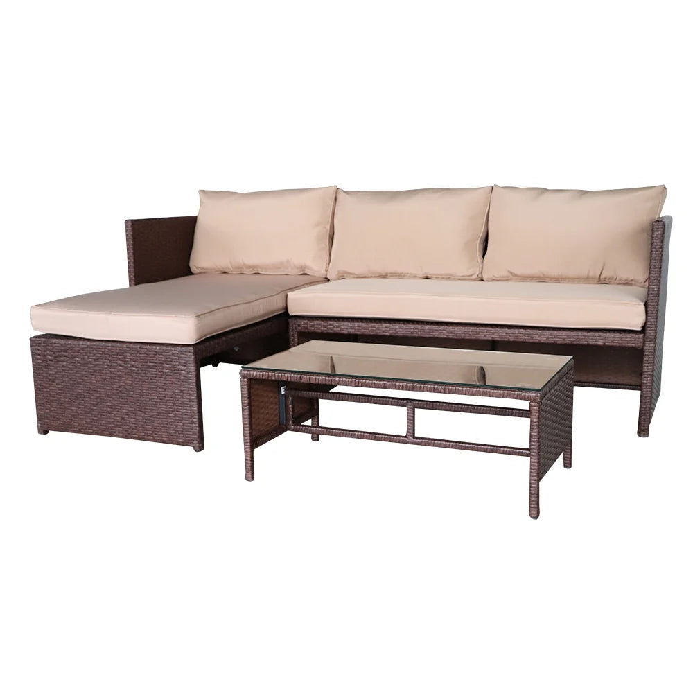 Rattan Sofa 3 Pieces Wood PE Wicker Ottoman With Coffee Table Patio Sofa Set T2190