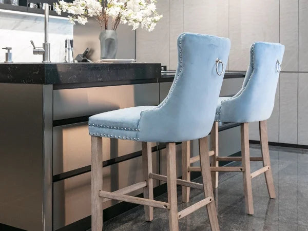 Velvet Bar Stools Set of 2, 27" Seat Height, Tufted Back, Wood Frame, Light Blue Q839