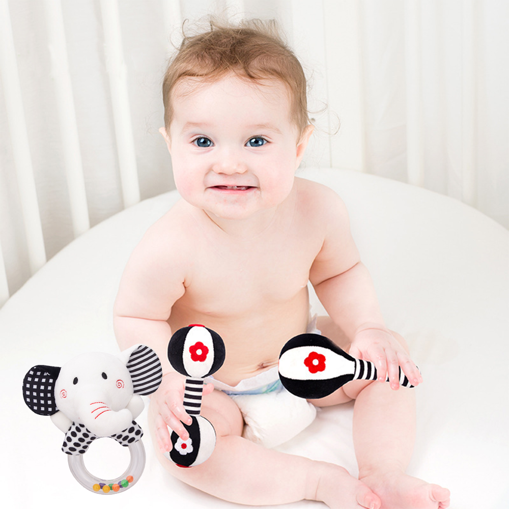 3PCS Soft Baby Rattles High Contrast Black and White Plush Rattle Toy C509