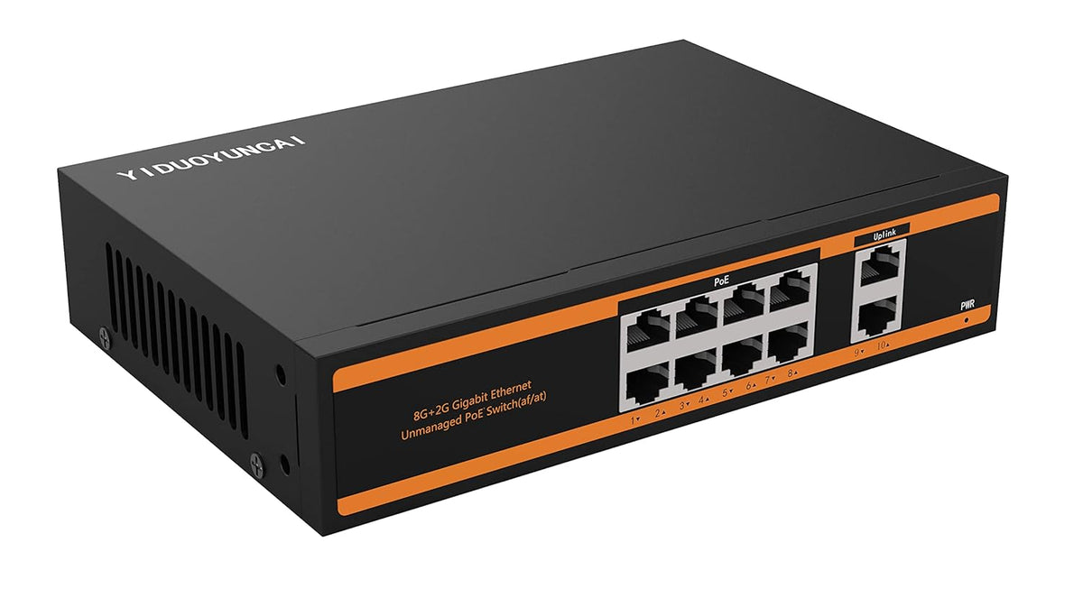 10 Ports Ethernet PoE Switch, 8 PoE Ports + 2 Uplink Ports, 150W, Metal Fanless, Unmanaged, Pack of 2 Q39882