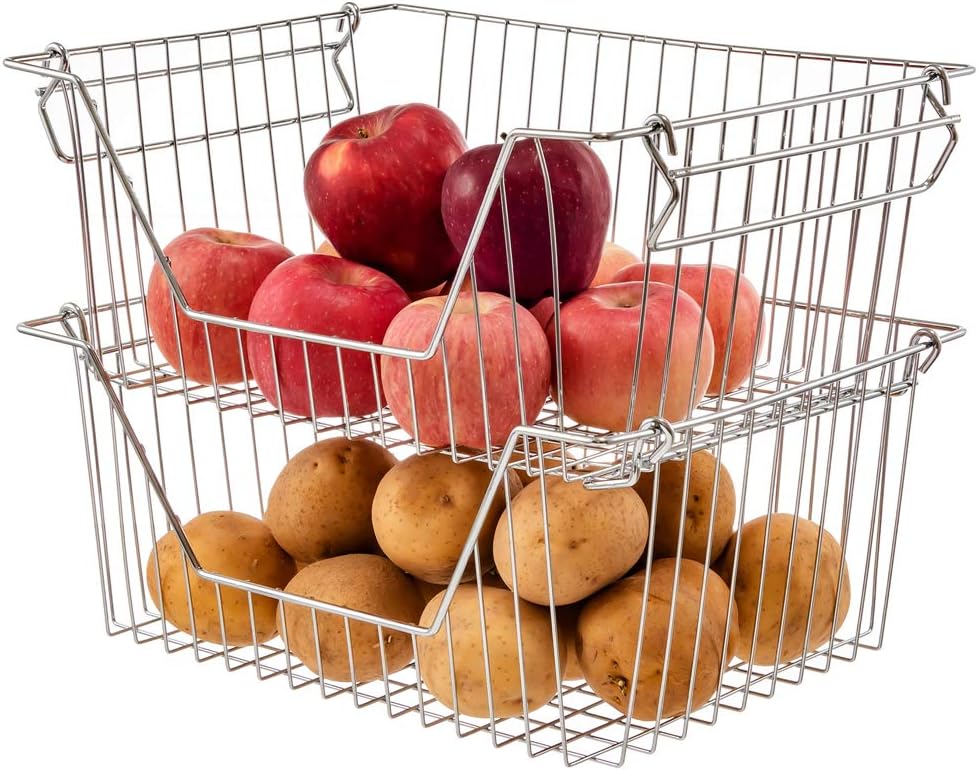 Large Stackable Storage Baskets Cabinet Organizer Sturdy Metal Wire Pantry Freezer Bin 4 Packs B516352