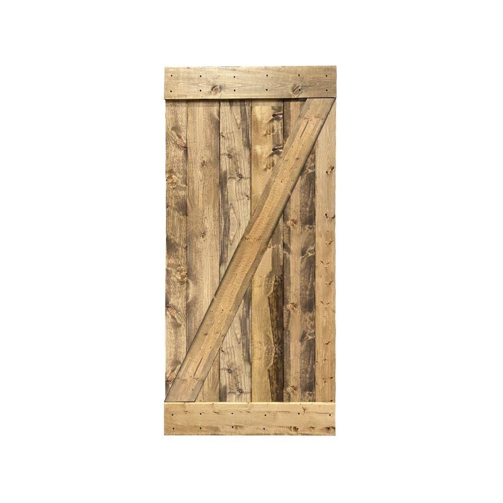 Weathered Oak 1-Panel Stained Pine Wood Single Barn Door F784334