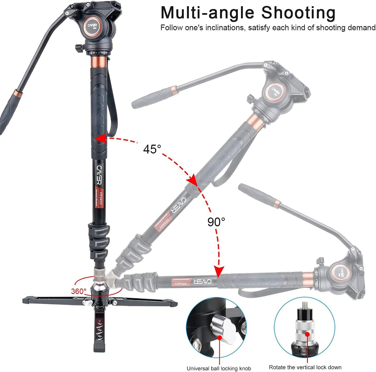 Aluminum Telescopic Camera Monopod with Pan Tilt Fluid Head and 3-Leg Tripod Base N63174
