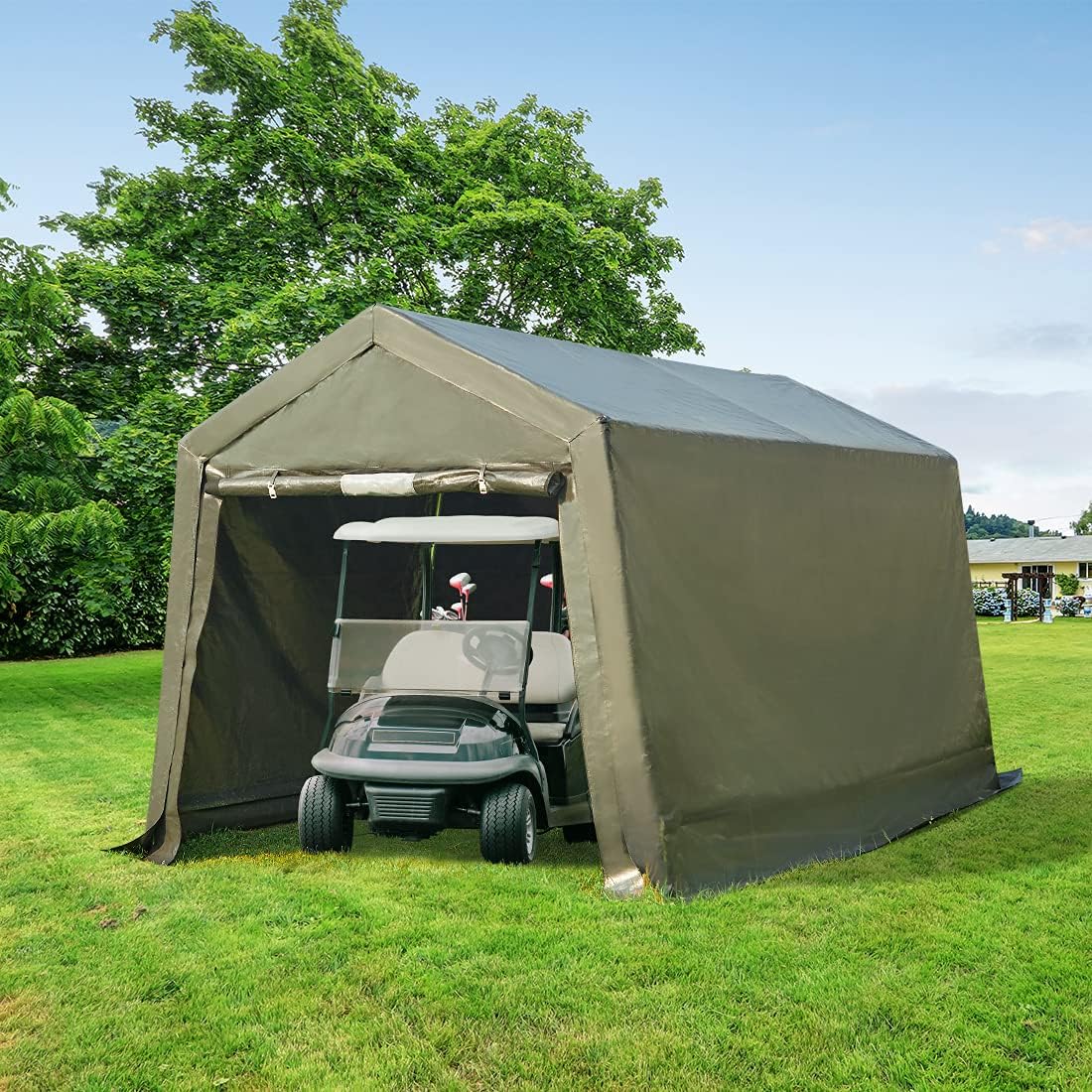 Gray Steel Metal Peak Roof Portable Garage Shelter Storage Shed Carport with 2 Roll up Doors R413271