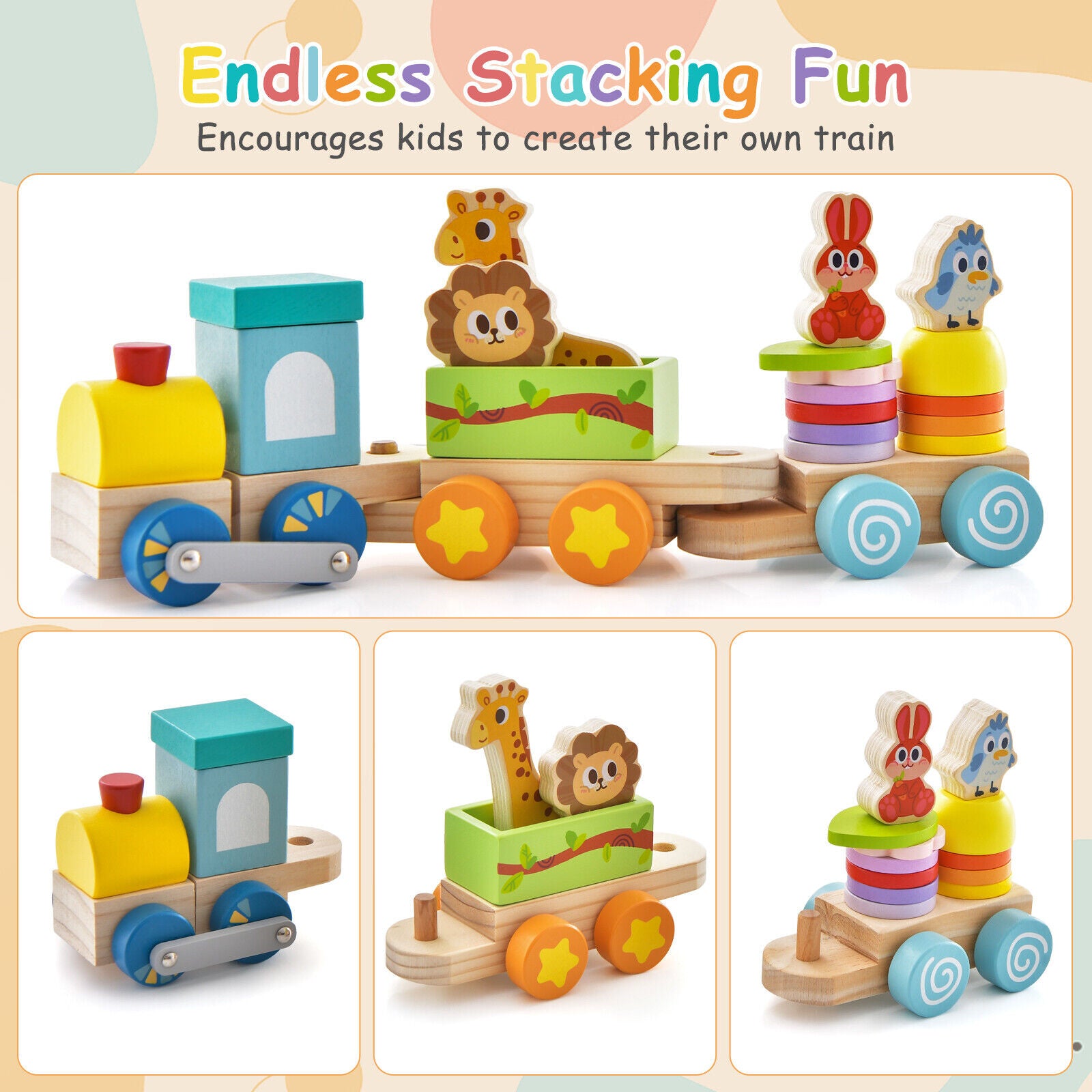 Wooden Stackable Train Set with Animal Toys & Locomotive Q25156
