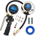Tire Inflator with Digital Pressure Gauge, 0-200PSI, Brass Lock-On Air Chuck, 23 Inch Compressor Hose, Valve Core and Slotted Valve Cap, Seal Tape Pack of 2 K318