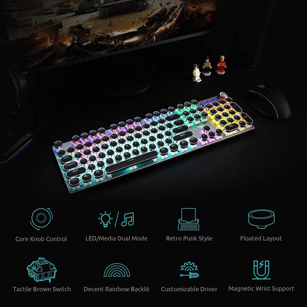 Retro Mechanical Gaming Keyboard, 104 Keys, RGB Rainbow Backlit, USB Wired, Blue Switch O42655