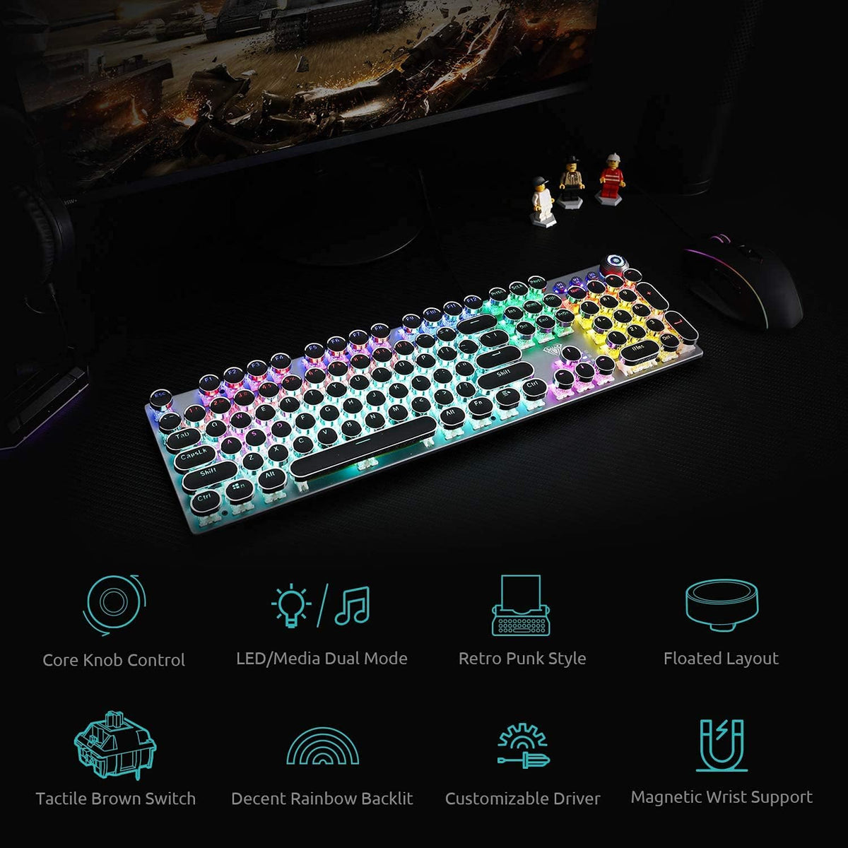 Retro Mechanical Gaming Keyboard, 104 Keys, RGB Rainbow Backlit, USB Wired, Blue Switch O42655