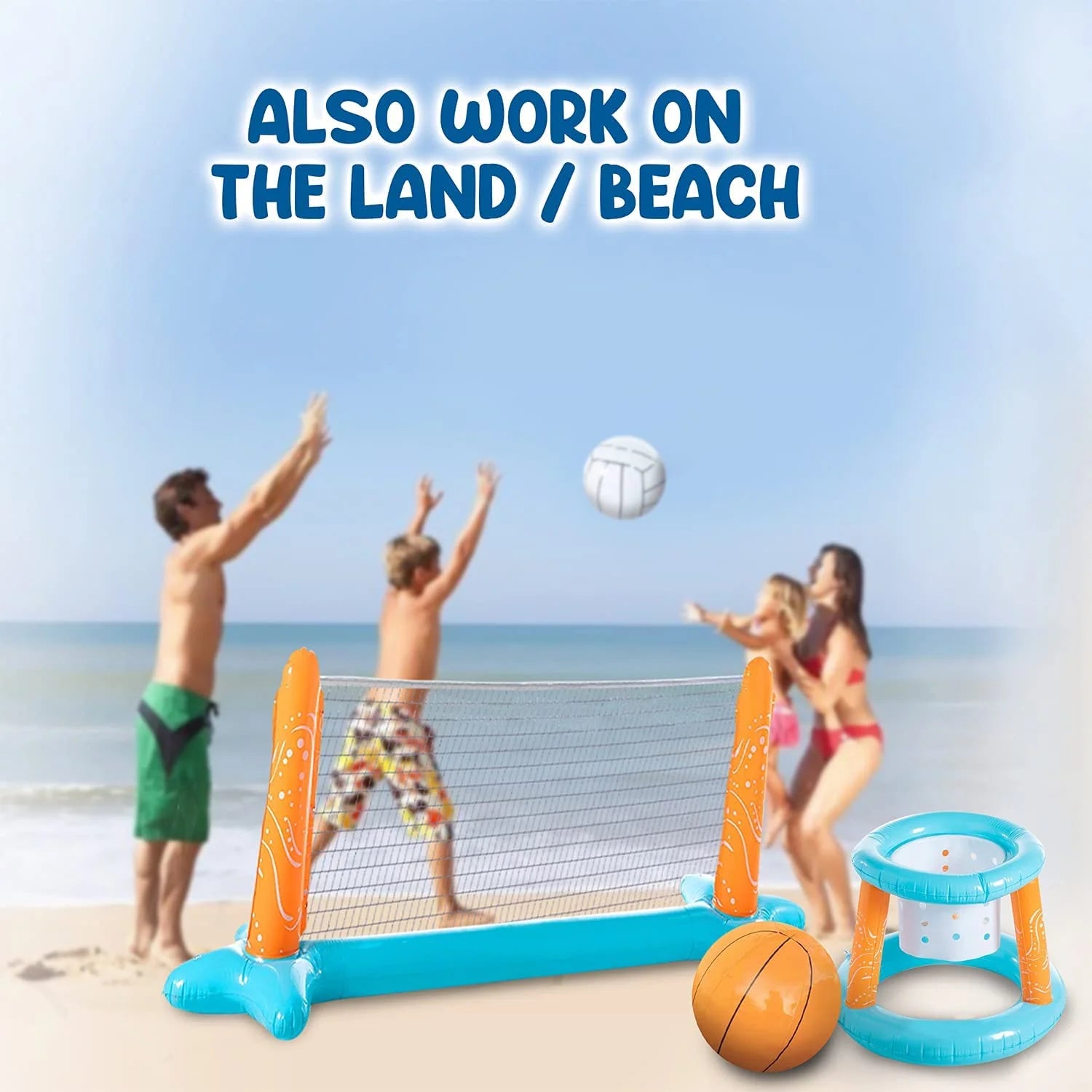 Light Blue Inflatable Volleyball Net & Basketball Hoops Pool Float Set Q4910