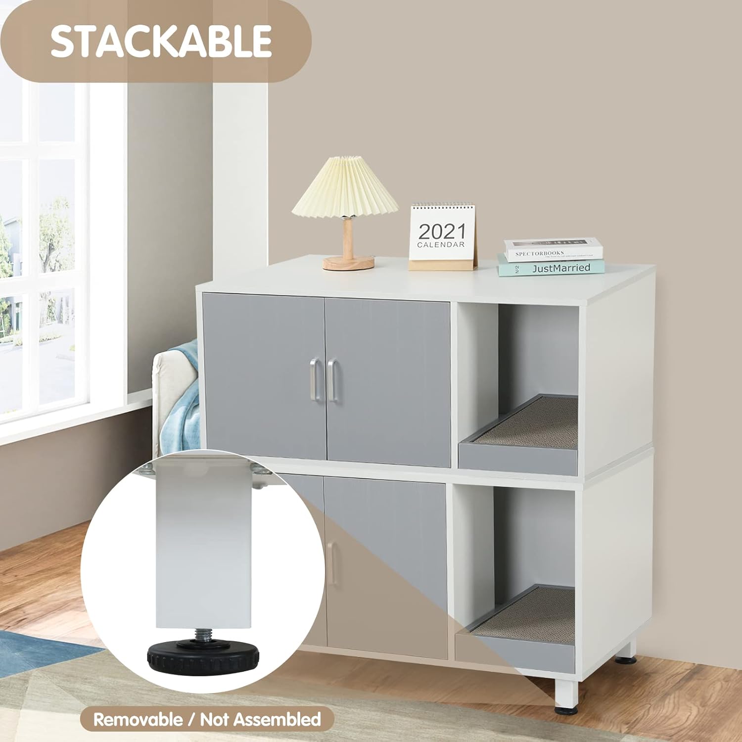 White & Grey Cat Litter Box Furniture Storage Bench Q750