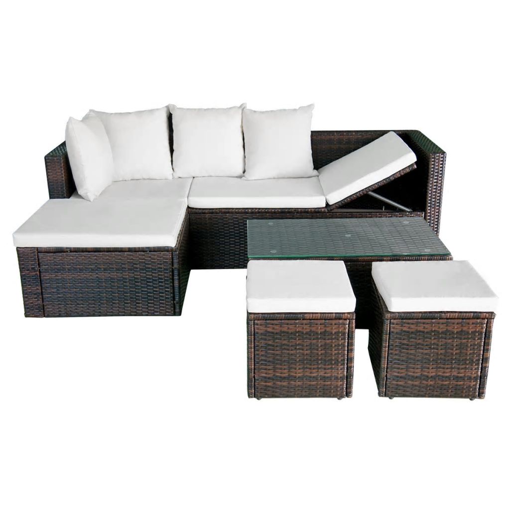 4 Piece Outdoor Corner Sofa with Coffee Table and 2 Ottomans Brown Poly Rattan S619040