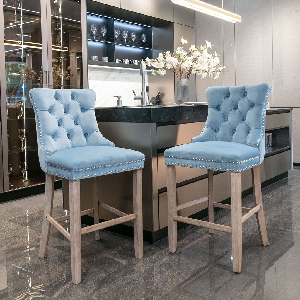 Velvet Bar Stools Set of 2, 27" Seat Height, Tufted Back, Wood Frame, Light Blue Q839
