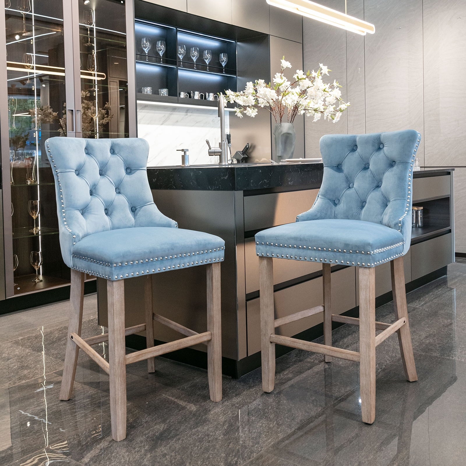 Velvet Bar Stools Set of 2, 27" Seat Height, Tufted Back, Wood Frame, Light Blue Q839