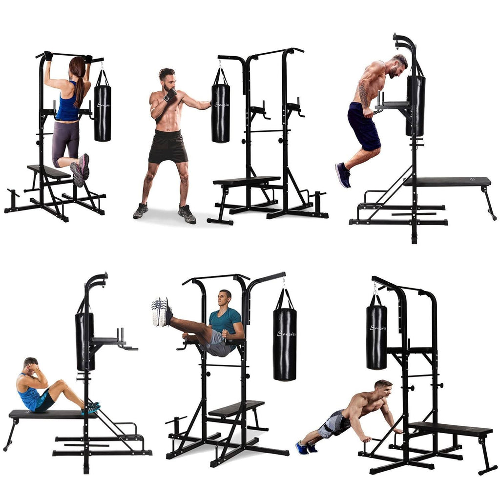 Power Tower with Bench and Punching Bag, Multi-Function Adjustable Dip Sit Up Workout Station Equipment S601