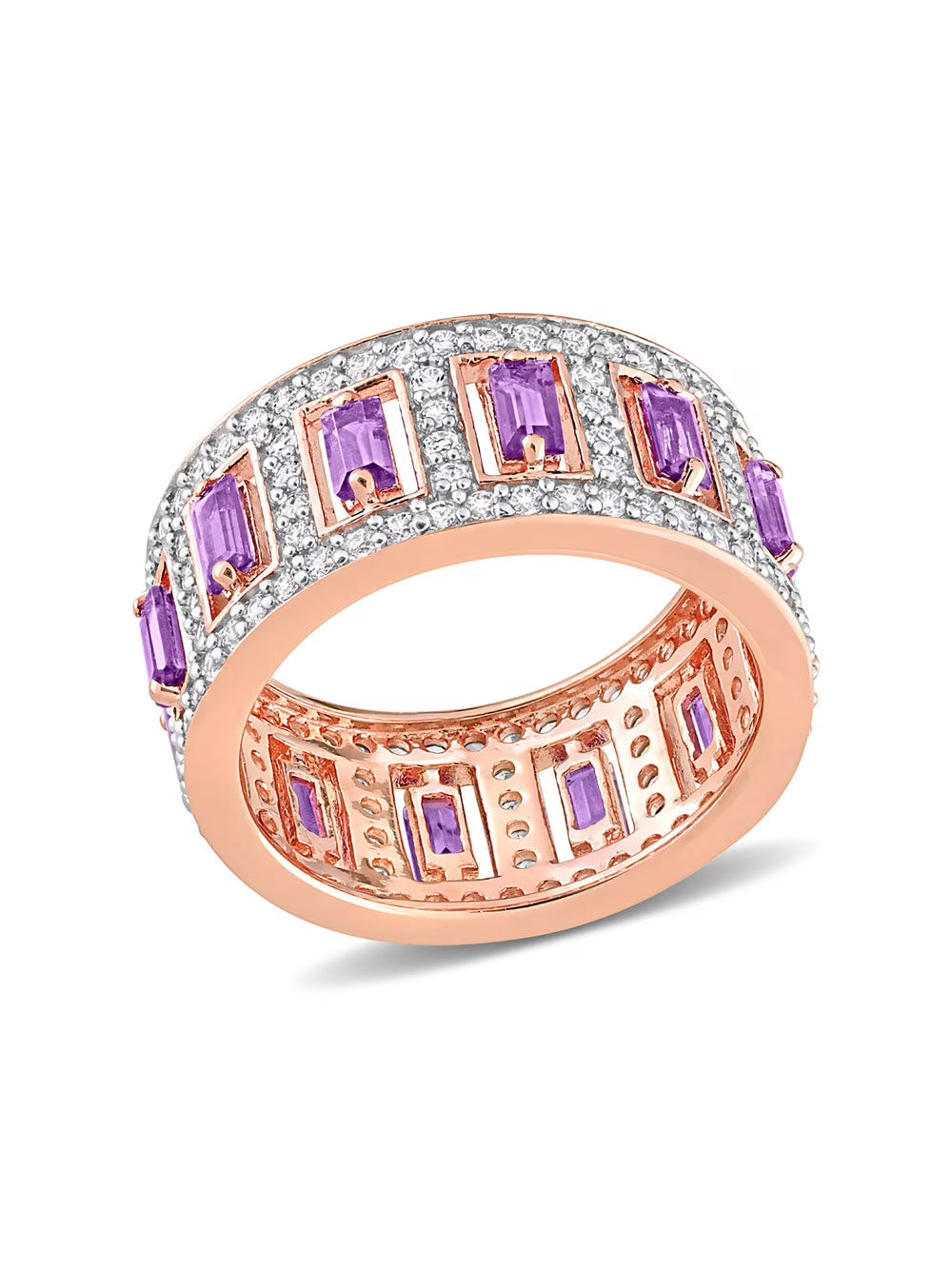 Rose Plated Sterling Silver Amethyst and White Topaz Eternity Ring Band C3801