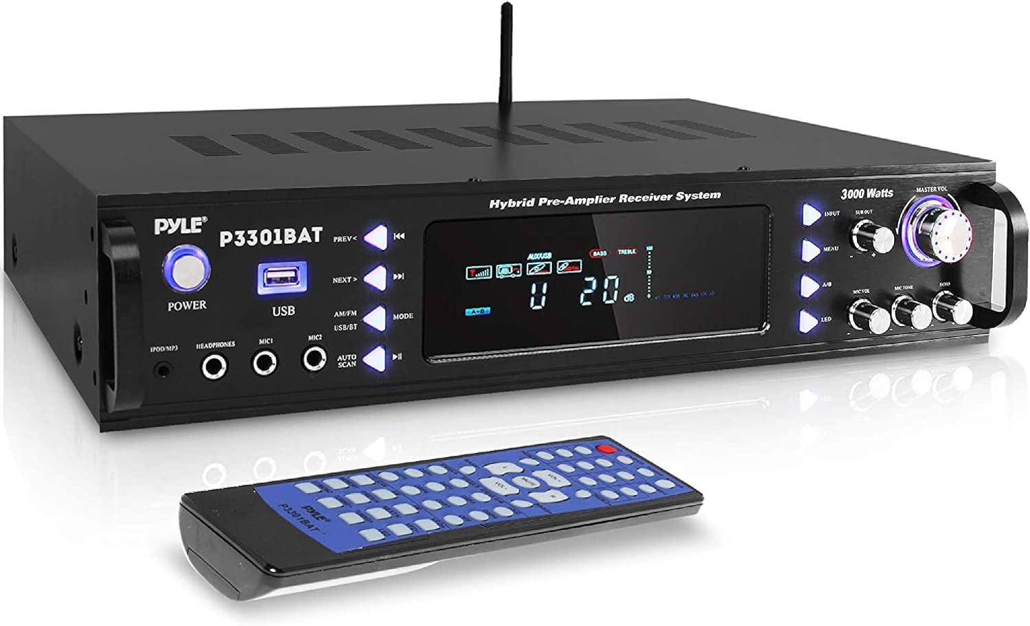 Wireless Bluetooth Stereo Amplifier with AM/FM Radio, MP3/USB, AUX, RCA, Karaoke Mic in, Rack Mount, Remote X41283