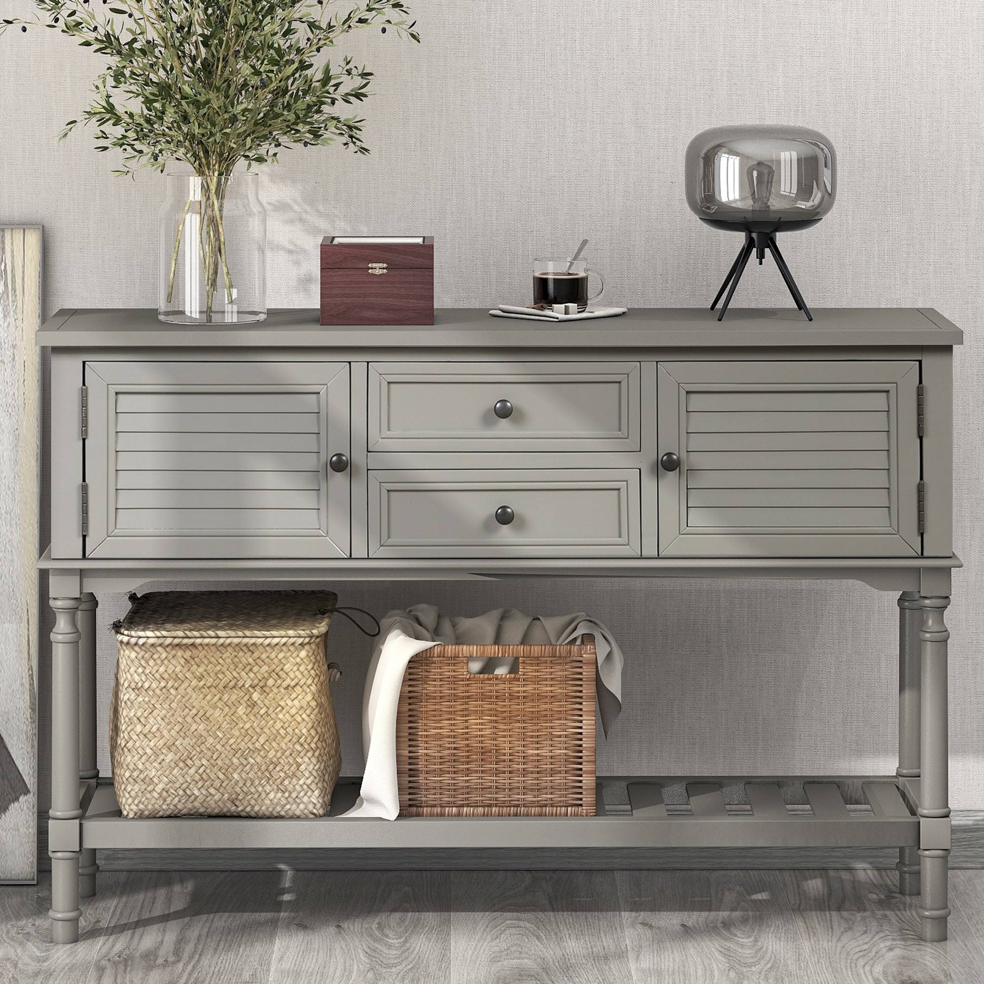 Modern Pine Console Table with 2 Drawer, 1 Cabinet, 1 Shelf, Greige S61101