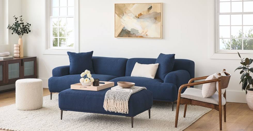 Blue Fabric Ottoman with Black Metal Legs W886