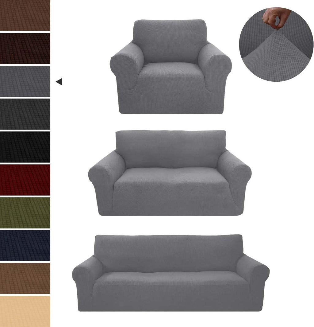 3-Piece Brushed Polyester Spandex SlipCover Set for Sofa Loveseat Couch Arm Chair, Light Gray H8223