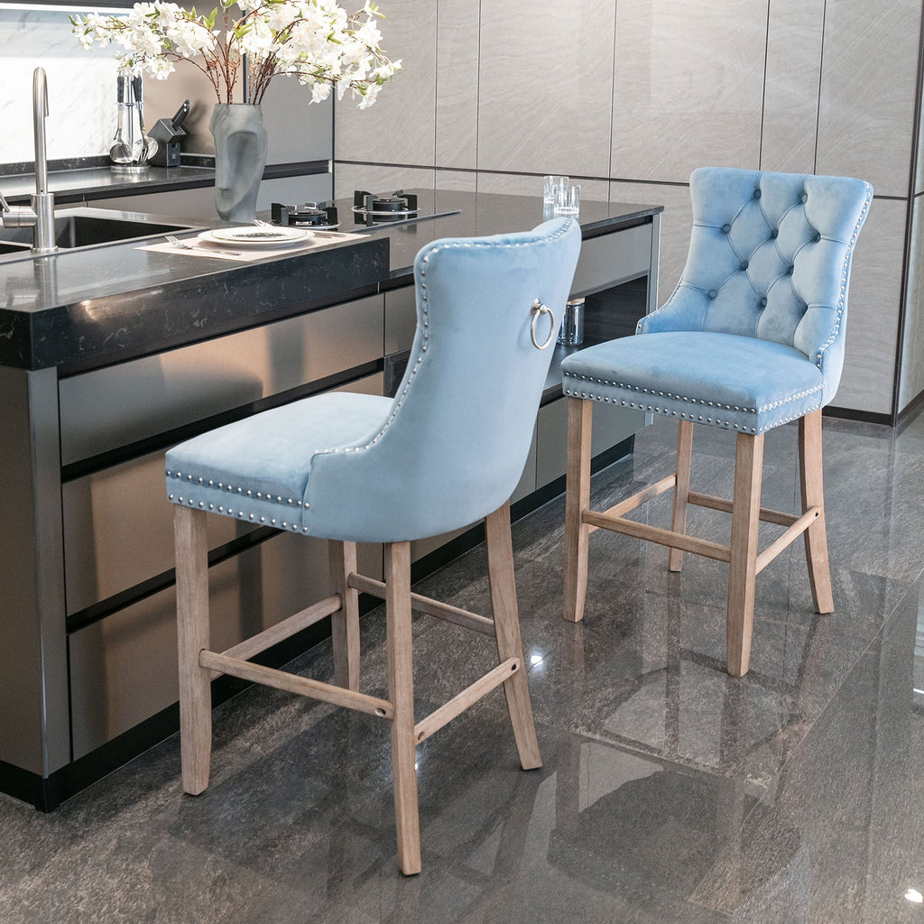 Velvet Bar Stools Set of 2, 27" Seat Height, Tufted Back, Wood Frame, Light Blue Q839