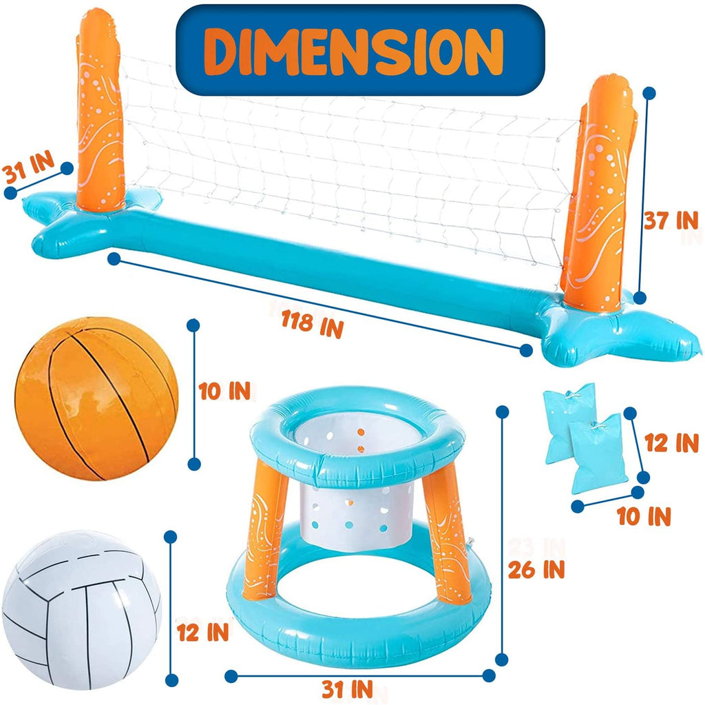 Light Blue Inflatable Volleyball Net & Basketball Hoops Pool Float Set Q4910