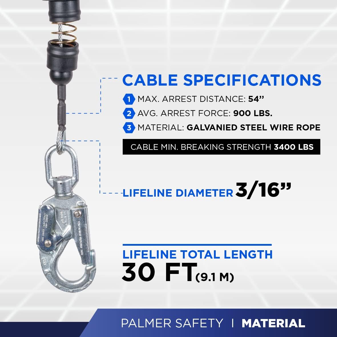 30 FT. Self Retracting Lifeline Galvanized Cable with Steel Snap Hook A5039