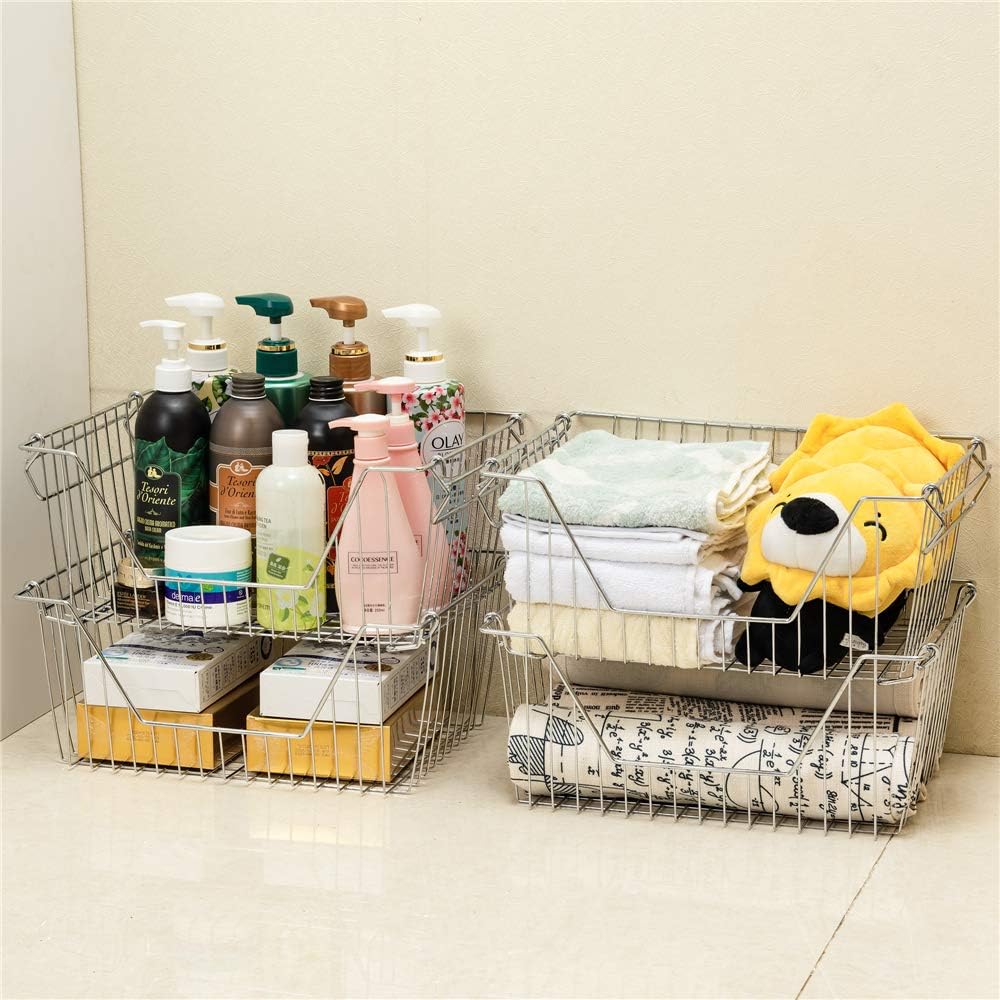 Large Stackable Storage Baskets Cabinet Organizer Sturdy Metal Wire Pantry Freezer Bin 4 Packs B516352