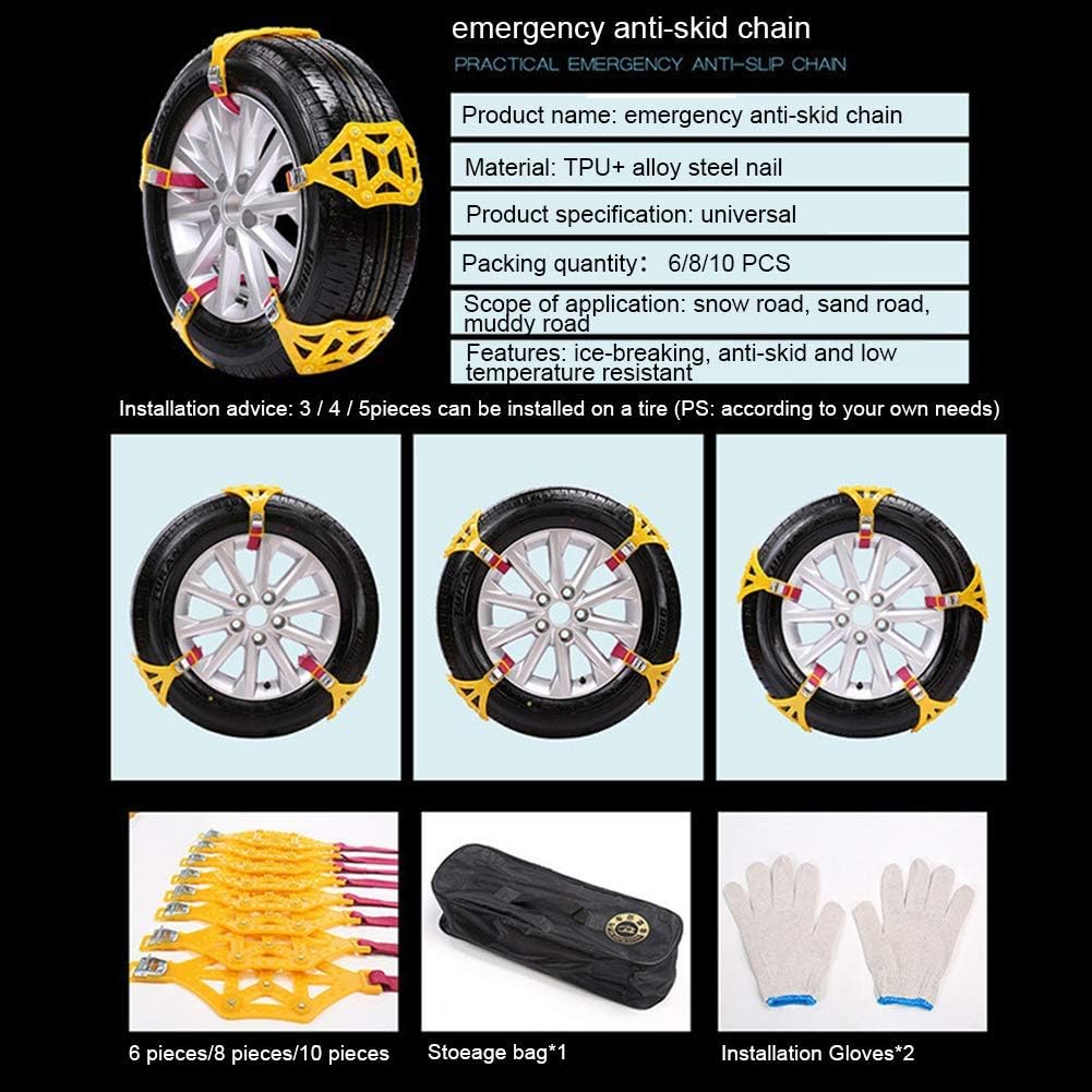 8Pcs Anti-Skid Snow Chains for Tyres, Universal 165-285mm D3578